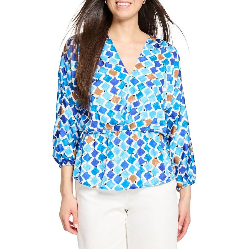 Nic+Zoe Blue Geometric Mosaic Peplum Blouse Mindfully Made V-Neck Top Small